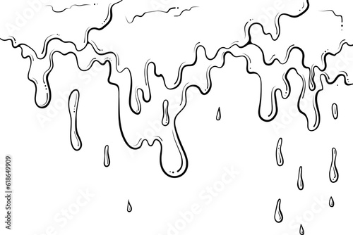 Dripping flowing outline liquid, wax, honey, slime, paint. Melted chocolate or oil. Vector illustration in hand drawn sketch doodle style. Black line art graphics isolated on white