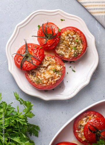Traditional Turkish food; Stuffed tomatoes with olive oil stuffed with rice