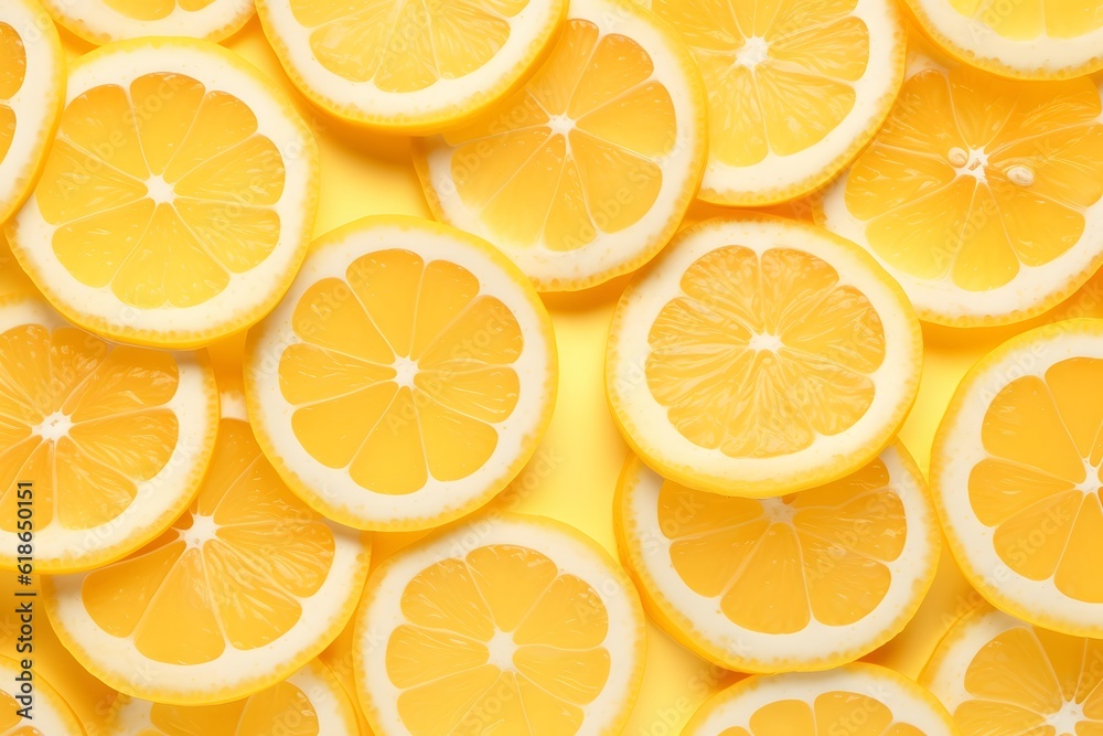 Fresh, zingy, slices of zesty citrus lemon fruit against bright green background - generative ai Fresh, zingy, slices of zesty citrus lemon fruit against bright green background - generative ai
