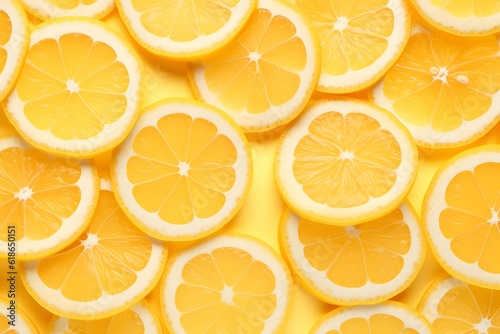 Fresh, zingy, slices of zesty citrus lemon fruit against bright green background - generative ai
