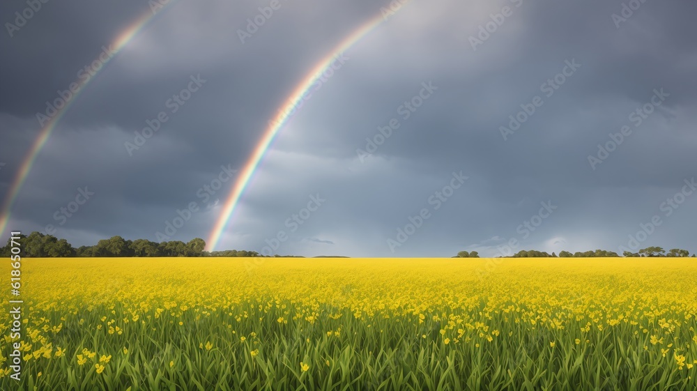 Naklejka premium A Tasteful Image Of A Field Of Yellow Flowers Under A Rainbow
