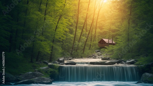 An Image Of A Brilliantly Colorful Picture Of A Small Cabin In The Woods