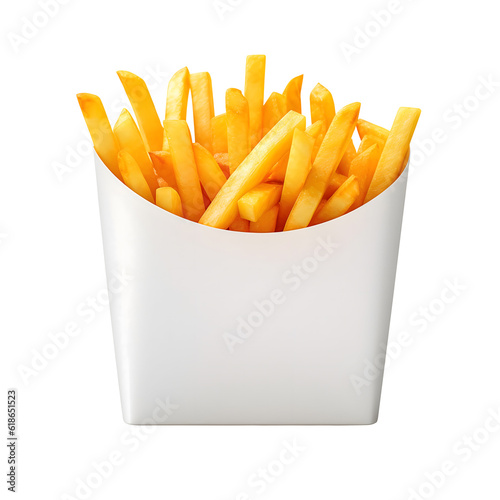 French fries in a white blank box isolated on transparent background. Front view, generative ai