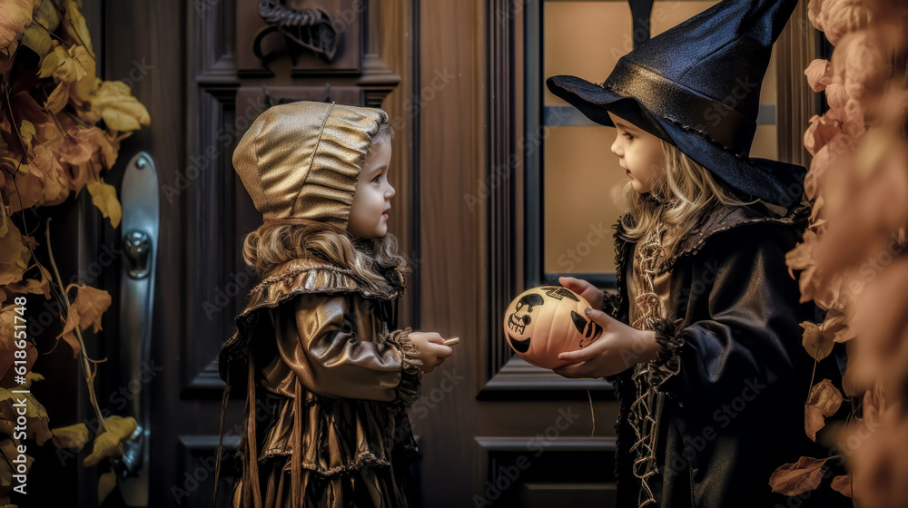 Trick or Treat Children on Halloween Digital Art KI Wallpaper Background Generative AI KI Journal Illustration Trick or Treat Children on Halloween Digital Art KI Wallpaper Background Generative AI KI Journal Illustration
