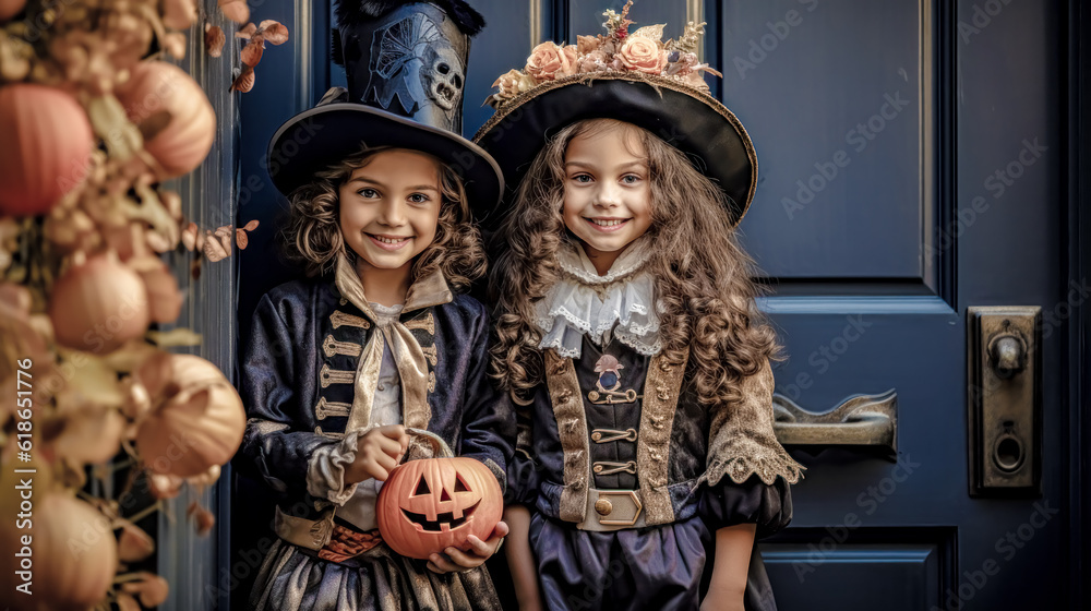 Trick or Treat Children on Halloween Digital Art KI Wallpaper Background Generative AI KI Journal Illustration 