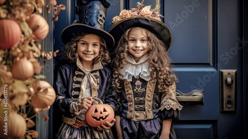 Trick or Treat Children on Halloween Digital Art KI Wallpaper Background Generative AI KI Journal Illustration 