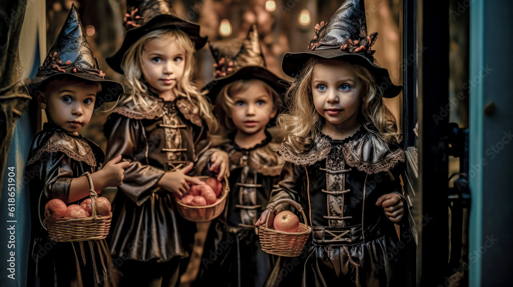 Trick or Treat Children on Halloween Digital Art KI Wallpaper Background Generative AI KI Journal Illustration 