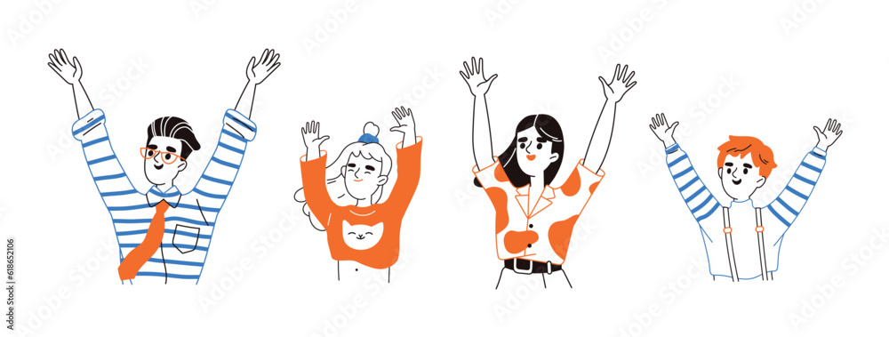 People raising hands set. Smiling characters wave or dance. Rejoicing man and woman, boy and girl in doodle style. Children and parent spread arms. Cartoon flat vector isolated on white background