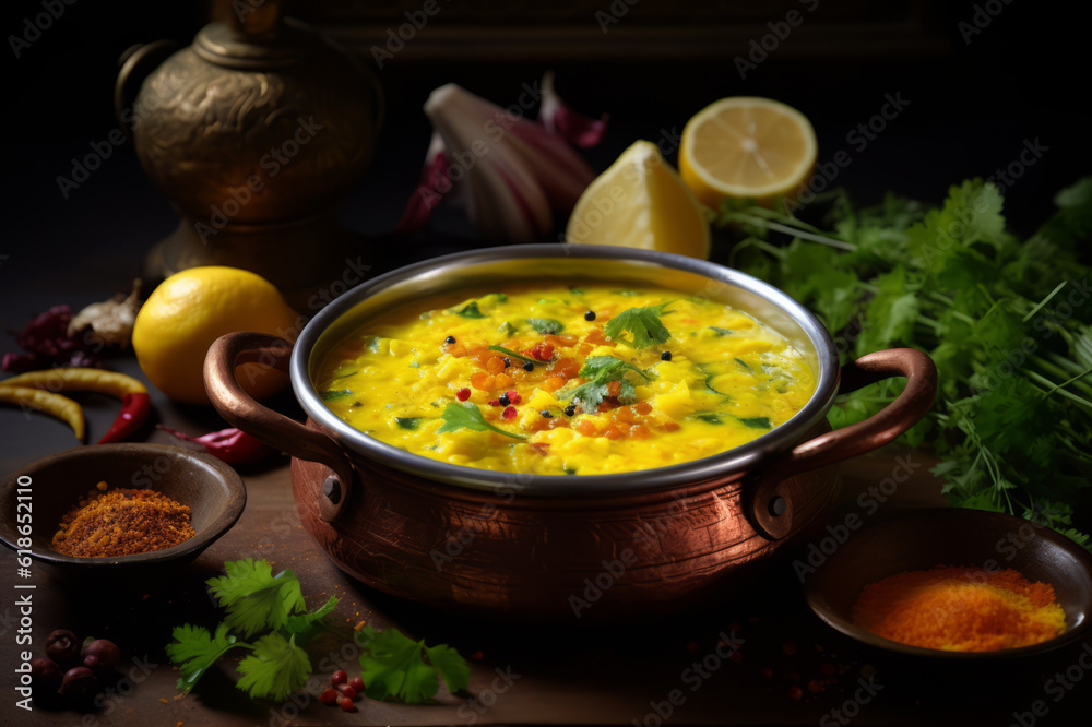Spicy Lentil Soup - Dal on bowl, Indian cuisine on old wooden table. Generated using AI tools