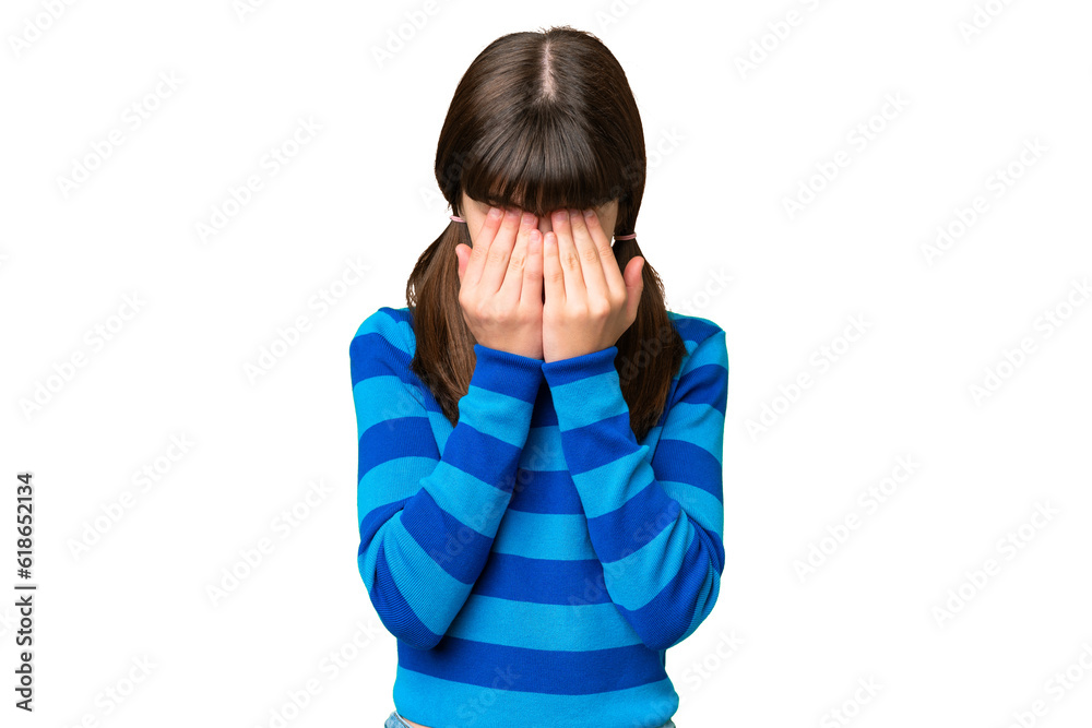 Little caucasian girl over isolated background with tired and sick expression Little caucasian girl over isolated background with tired and sick expression