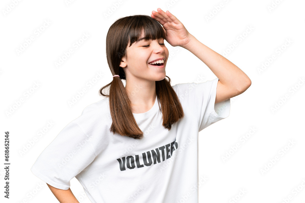 Little volunteer girl over isolated background smiling a lot Little volunteer girl over isolated background smiling a lot