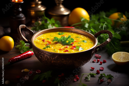 Spicy Lentil Soup - Dal on bowl, Indian cuisine on old wooden table. Generated using AI tools photo