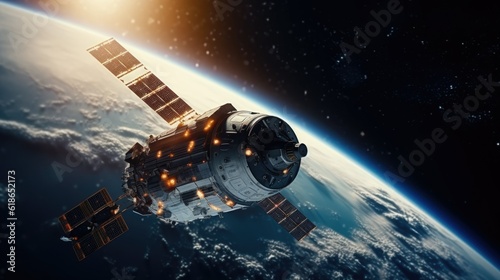modern satellite spacecraft orbiting the Earth. The satellite tracks the Earth. Space technology