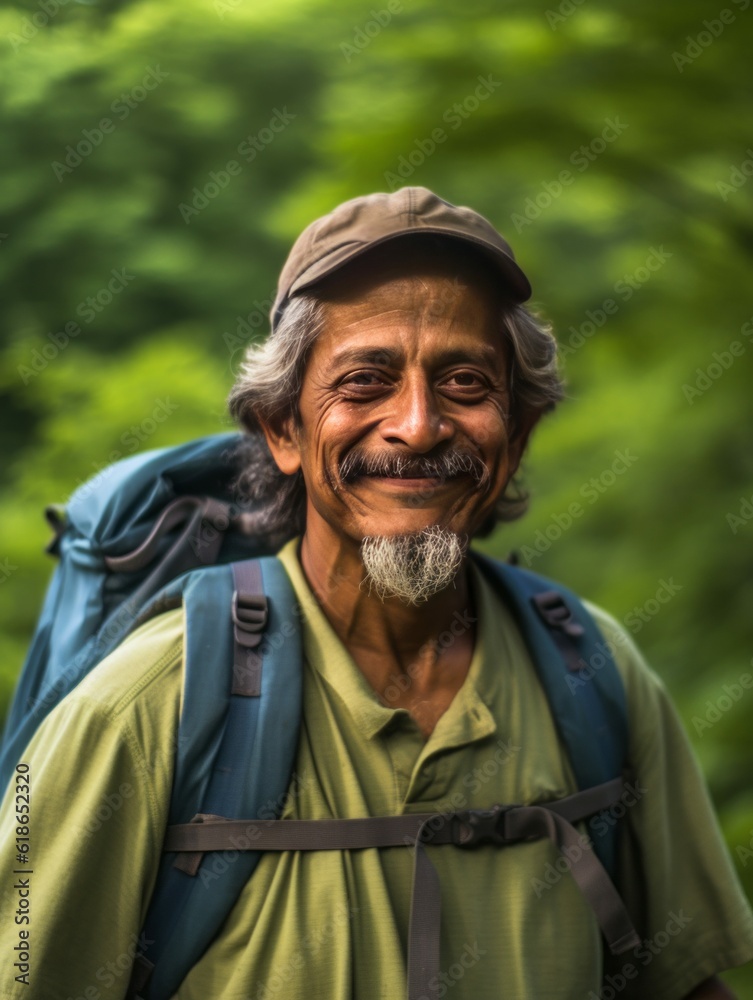 Senior Man in Cap Hiking Outdoors, Active Mature Hiker Photorealistic Illustration