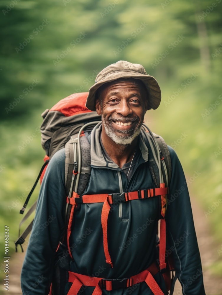 Happy Senior Man Hiking Outdoors, Active Black Mature Hiker Photorealistic Illustration