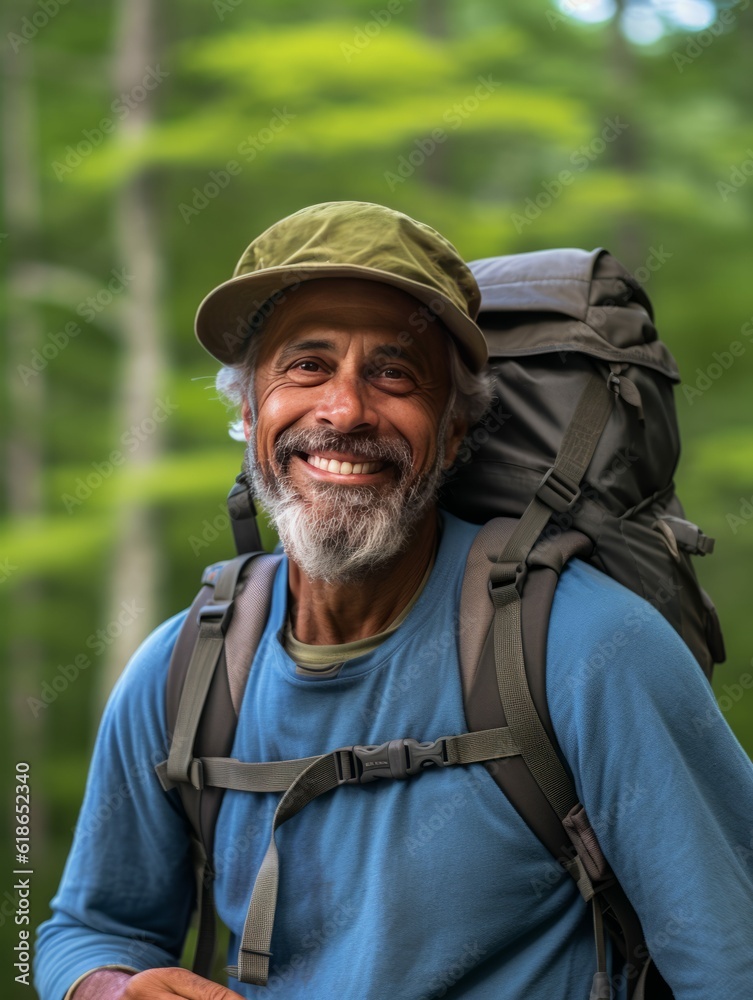 Senior Man in Cap Hiking Outdoors, Active Ethnic Mature Hiker Photorealistic Illustration