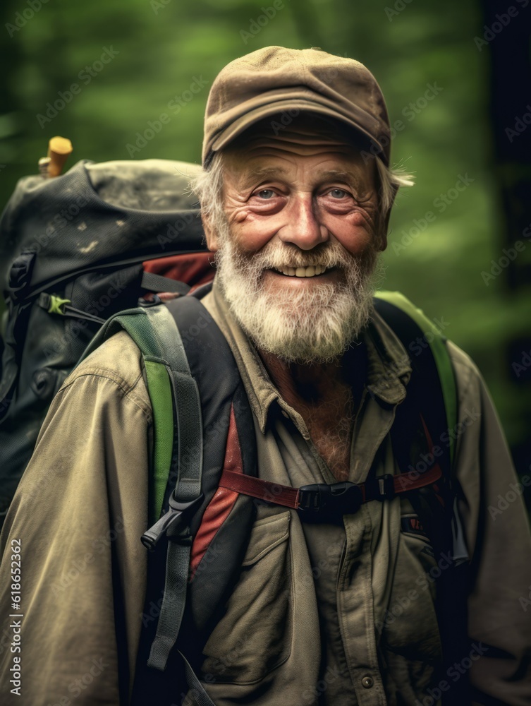 Senior Backpacker Outdoors, Active Mature Man with Beard, Hiker Photorealistic Illustration