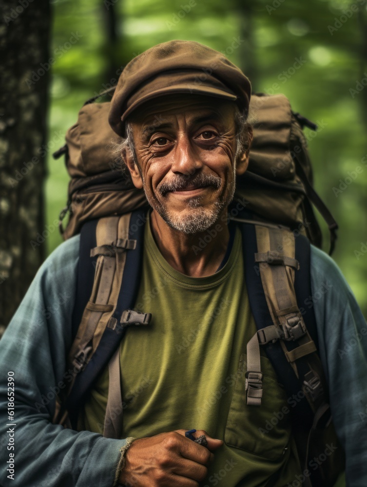 Senior Man with Backpack Hiking Outdoors, Active Mature Hiker Photorealistic Illustration