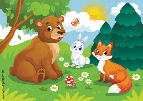 Forest cute animals. Friendly rabbit  fox and bear sitting on green meadow with butterfly and flower. Colorful kind character and nature with plants in children style. Cartoon flat vector illustration