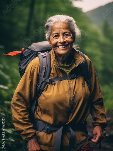 Senior Woman in Yellow Jacket Hiking Outdoors, Active Mature Hiker Photorealistic Illustration