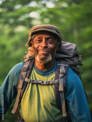 Senior Hiker, Active Mature African American Man Hiking, Photorealistic Illustration