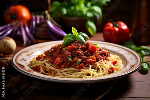 Pasta with meat, tomato sauce and vegetables. Generated using AI tools