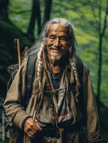 Elderly Man with Long Braided Hair Hiking Outdoors, Active Mature Hiker Photorealistic Illustration