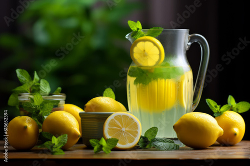 Lemonade in glass jug on wooden desk outdoors. Summer refreshing drink. Generated using AI tools