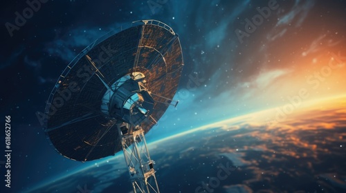 modern satellite spacecraft orbiting the Earth. The satellite tracks the Earth. Space technology