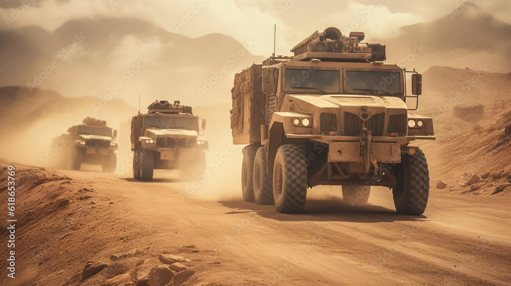 A group of military vehicles drive down a dusty road made with AI generative technology A group of military vehicles drive down a dusty road made with AI generative technology