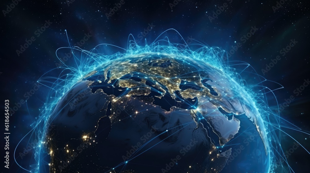 Planet Earth is shrouded in a network grid. Space technology, Internet coverage of Earth Planet Earth is shrouded in a network grid. Space technology, Internet coverage of Earth