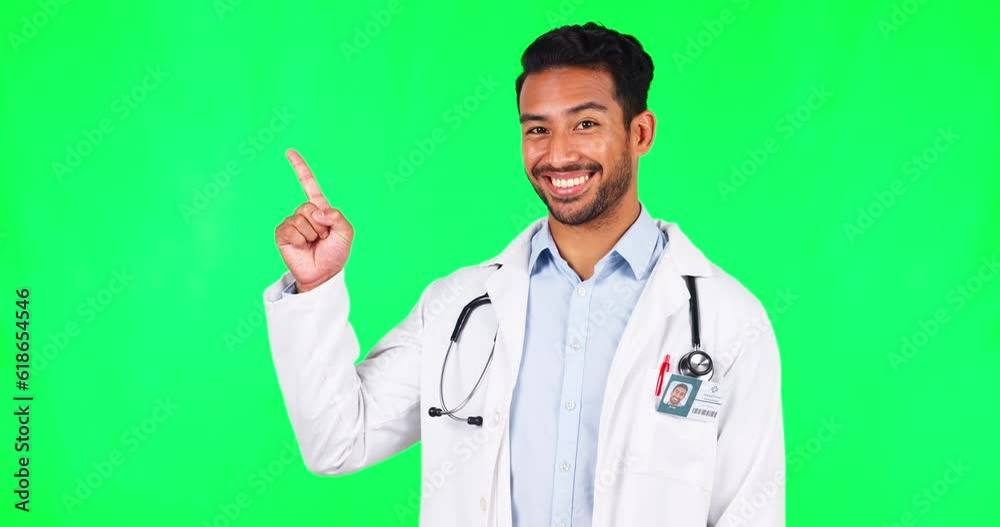 Pointing, feedback and doctor with man on green screen for advertising, deal and idea. Healthcare, medical and medicine with portrait of person on studio background for presentation, review and news Pointing, feedback and doctor with man on green screen for advertising, deal and idea. Healthcare, medical and medicine with portrait of person on studio background for presentation, review and news
