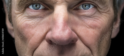 Old senior man eyes, closeup detail to his face, both iris visible, wrinkled skin near. Generative AI