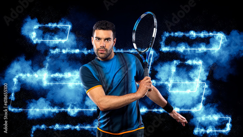 Tennis player banner with blue neon lights. Tenis template for bookmaker design ads with copy space. Mockup for betting advertisement. Sports betting on tenis
