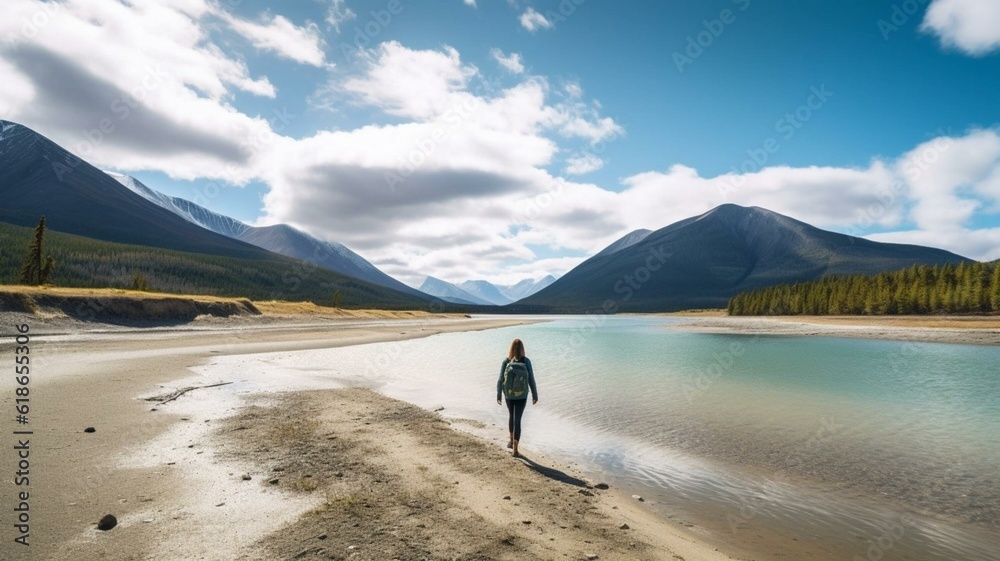 Woman walking through lake with mountain background