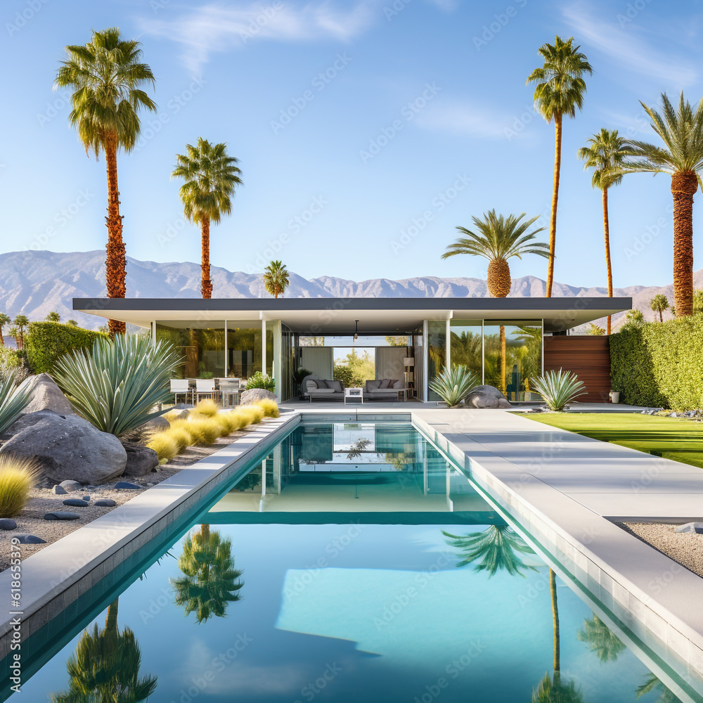 Fototapeta premium Hotel swimming pool, Modern mid-century house architecture, and palm trees.