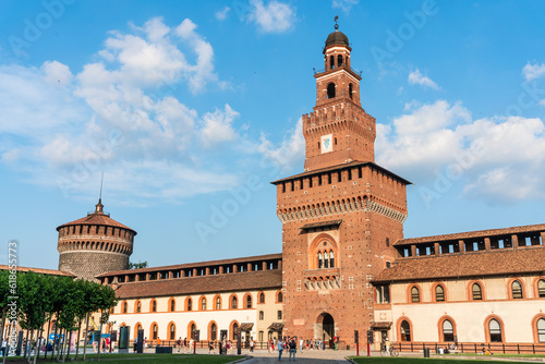 Courtyard and tower of the Filarete at the entrance of the Castello Sforzesco, medieval fortification in Milan city center, Lombardy region, northern Italy.