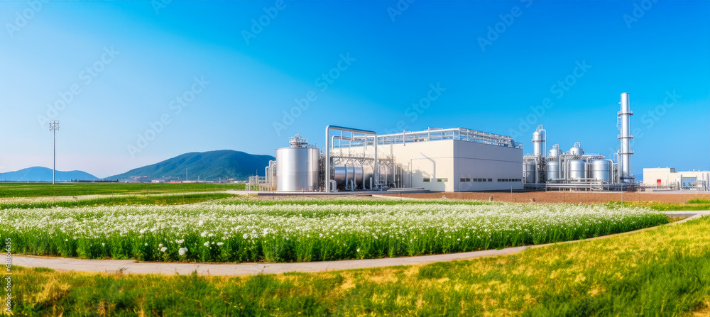 Hydrogen power plant, large steel tanks and pipes, wide angle photo, sunny green grass field foreground. Clean H2 energy concept as imagined by Generative AI Hydrogen power plant, large steel tanks and pipes, wide angle photo, sunny green grass field foreground. Clean H2 energy concept as imagined by Generative AI