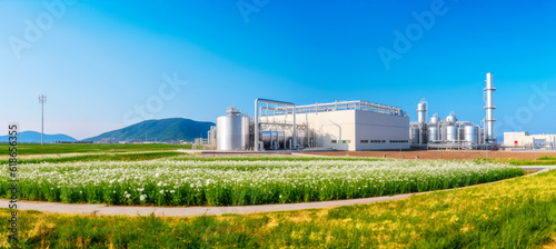 Hydrogen power plant, large steel tanks and pipes, wide angle photo, sunny green grass field foreground. Clean H2 energy concept as imagined by Generative AI