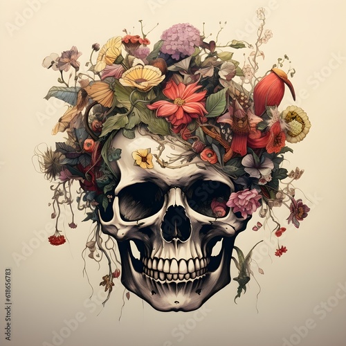 skull in a wreath of flowers on a white background