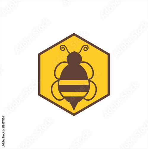 Cartoon bee logo design with hexagon background as honeycomb symbol.