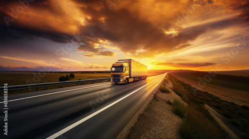 Loaded European Truck on Highway at Sunset