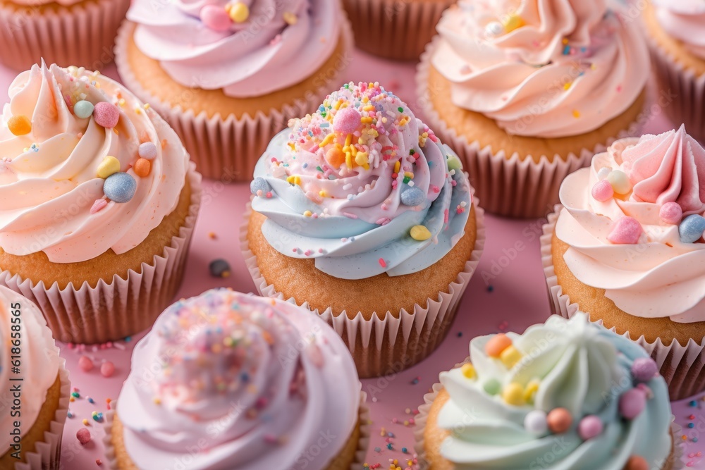 Flat lay of colorful pastel birthday cupcakes on a pastel background. Generative Ai Flat lay of colorful pastel birthday cupcakes on a pastel background. Generative Ai