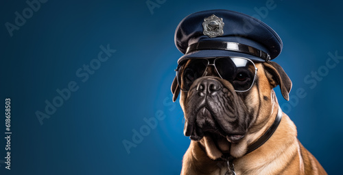 Fotografia Mean looking bullmastiff working as a security officer or cop, wearing police hat, and sunglasses