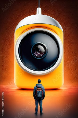 Man standing in front of a huge artificially generated surveillance camera