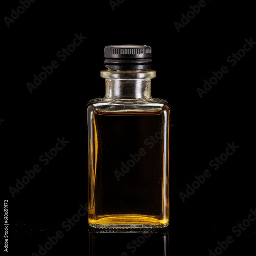 a bottle of oil on a black background