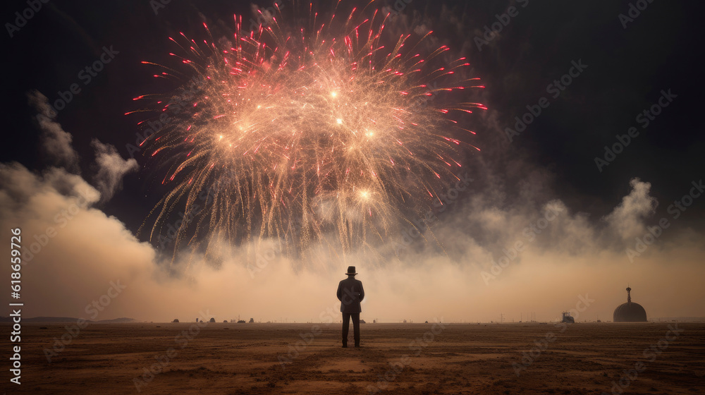 a man standing in a field watching fireworks