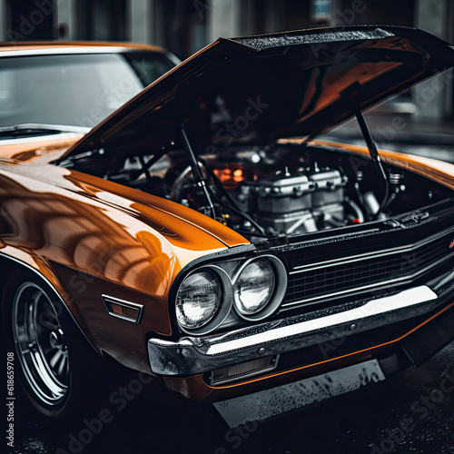 an orange muscle car with the hood open © LUPACO PNG
