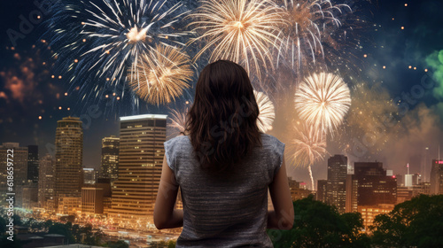 a woman mesmerized by a colorful fireworks display