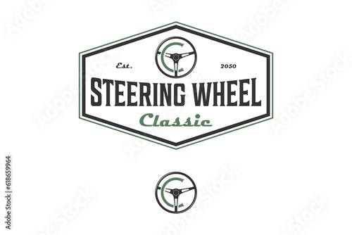 Steering wheel logo label design repair workshop icon symbol
